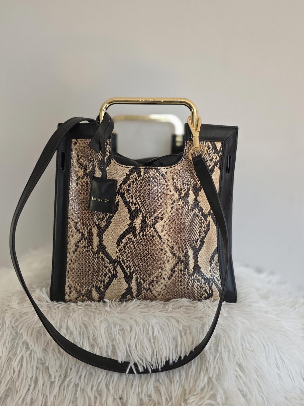 Louise et Cie Black & Beige Snake-Print Tote with Gold Handle